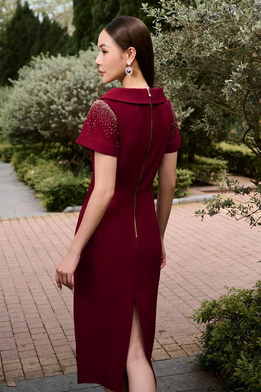 Cateline Pencil Semi-Heart Neck Gabardine Midi Dress Midi Dress CHANCOS
