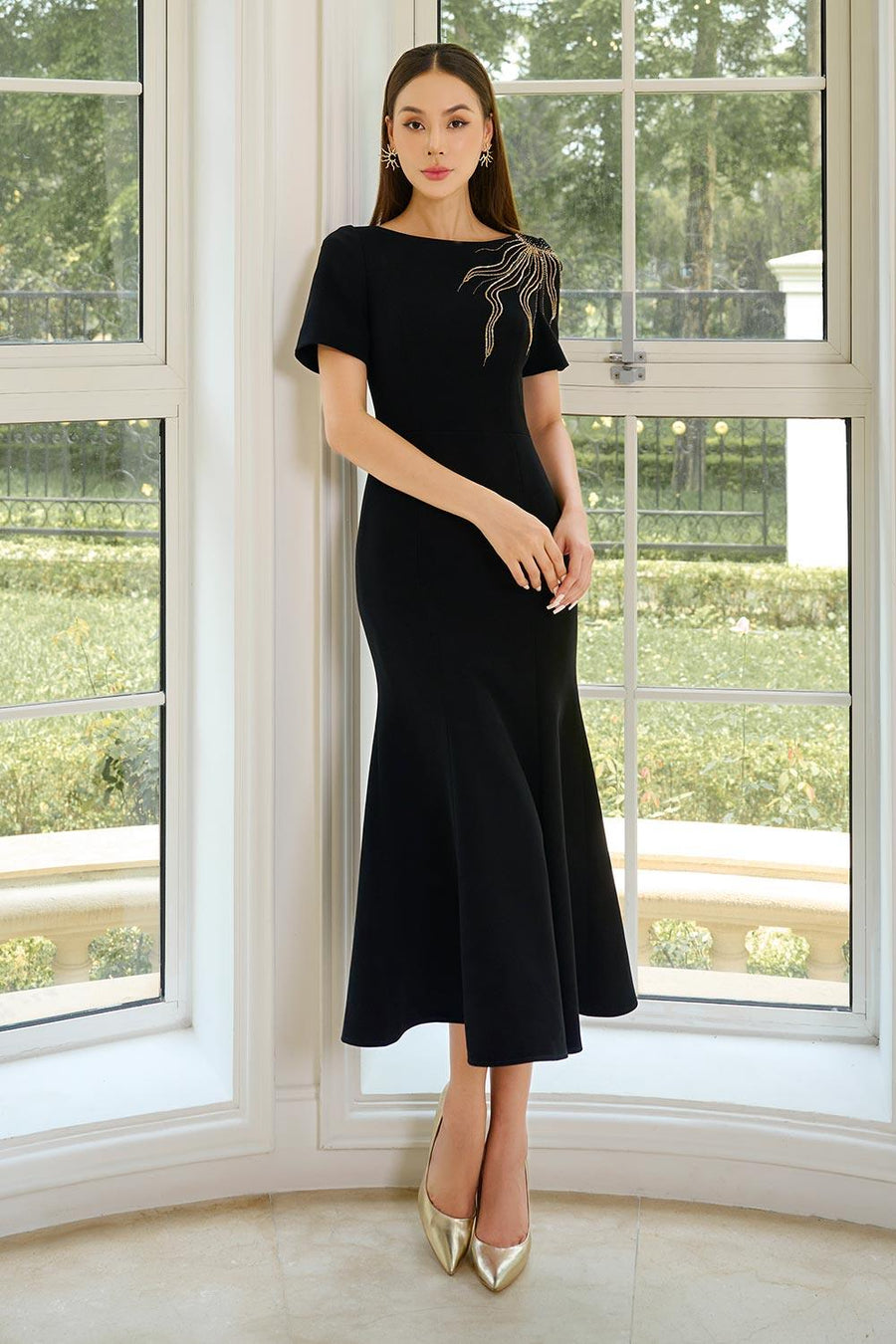 Calita Trumpet Boat Neck Twill Midi Dress Midi Dress CHANCOS