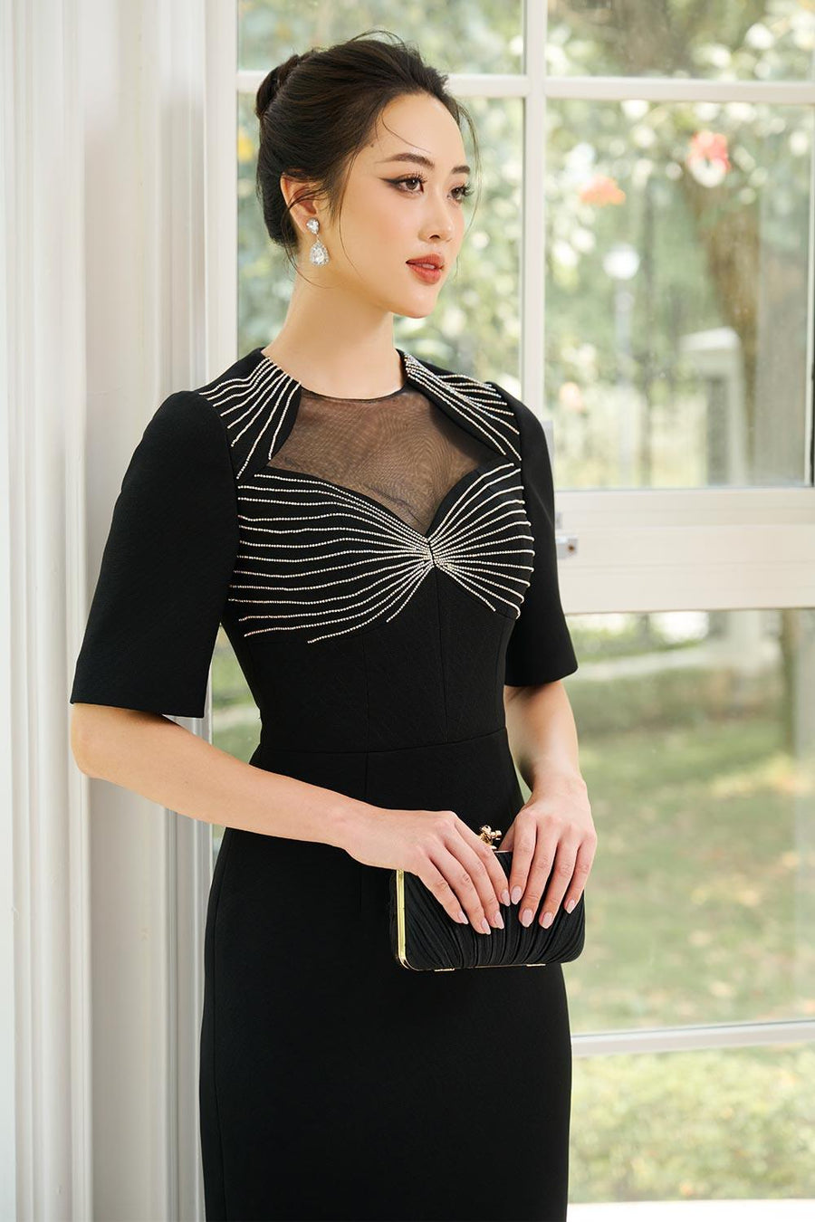 Lina Pencil Jewel Neck Gabardine Midi Dress Midi Dress CHANCOS