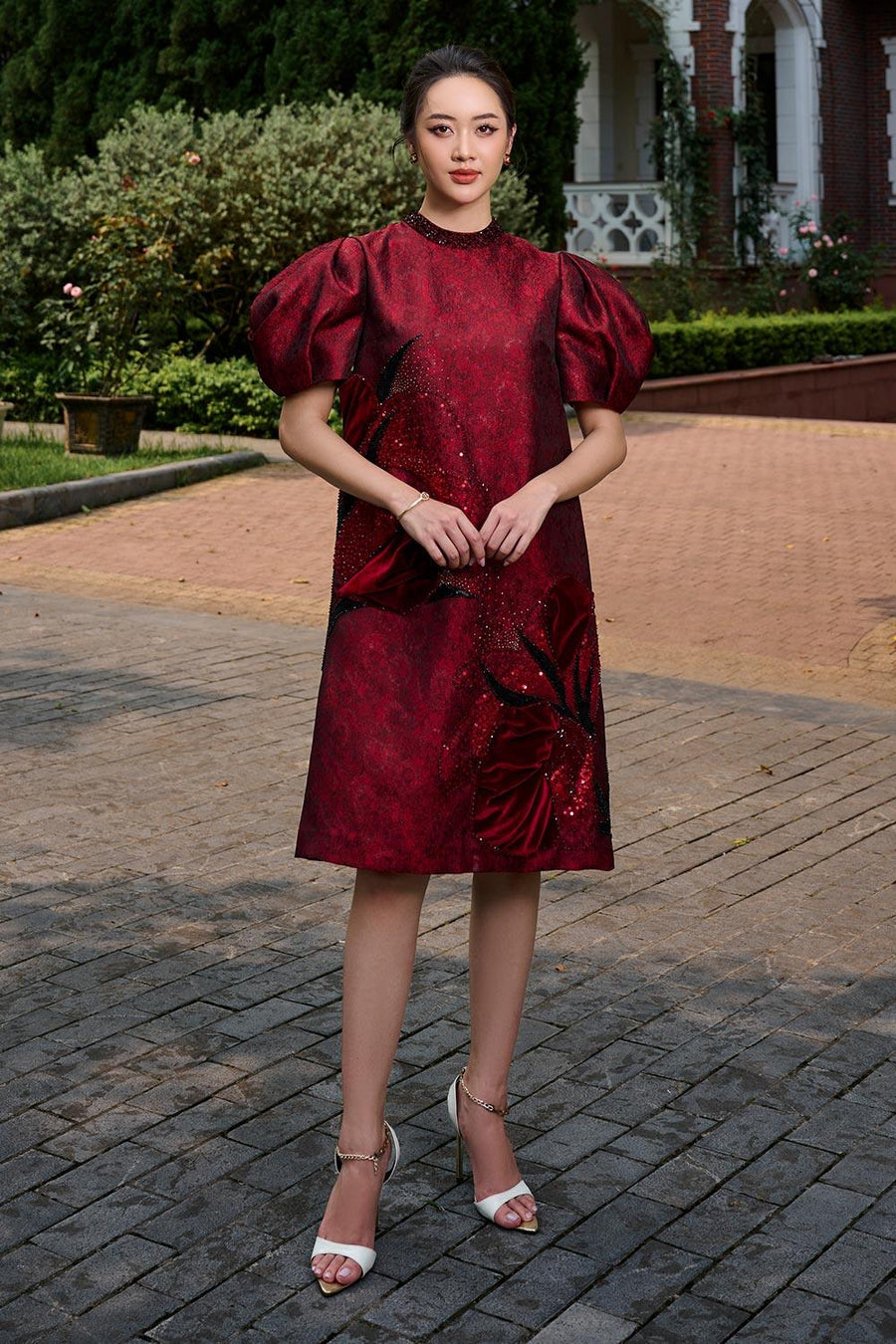 Risa Trapezoid Puffy Sleeved Jacquard Below The Knee Dress Knee Length Dress CHANCOS