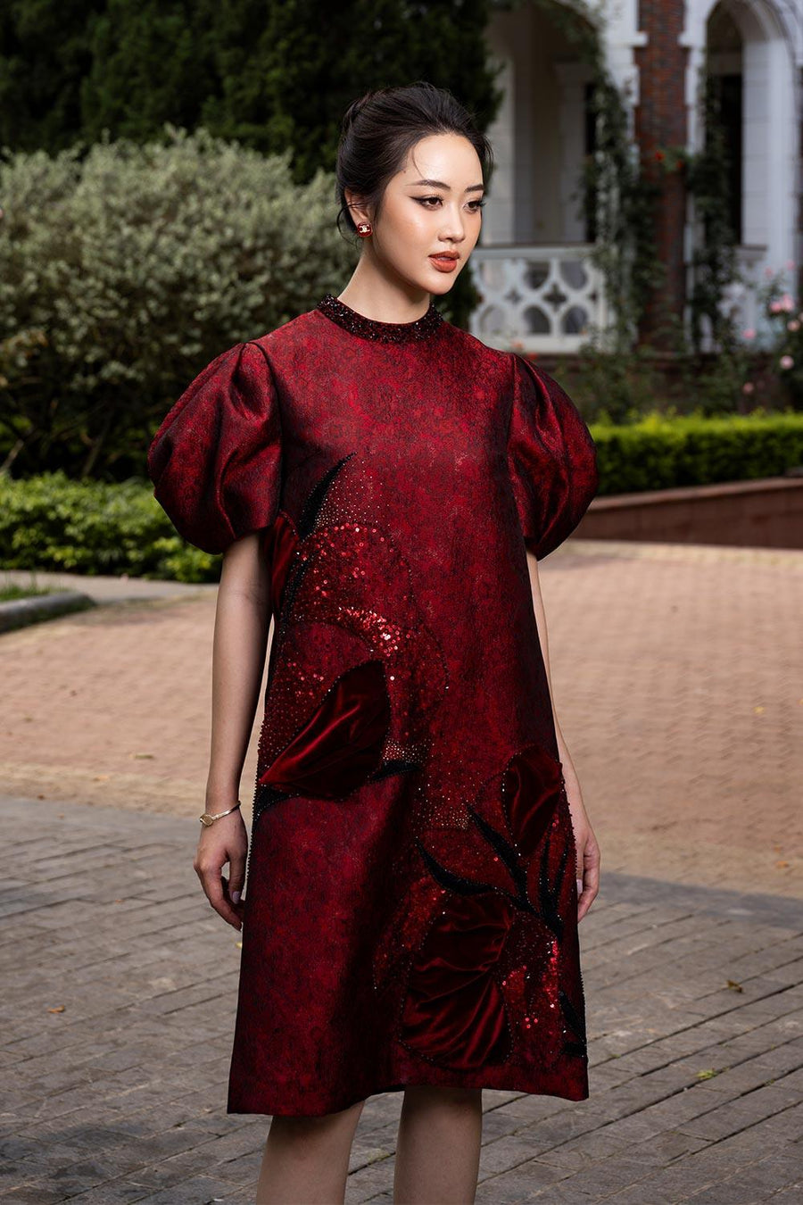 Risa Trapezoid Puffy Sleeved Jacquard Below The Knee Dress Knee Length Dress CHANCOS