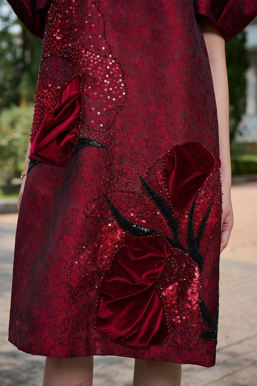 Risa Trapezoid Puffy Sleeved Jacquard Below The Knee Dress Knee Length Dress CHANCOS