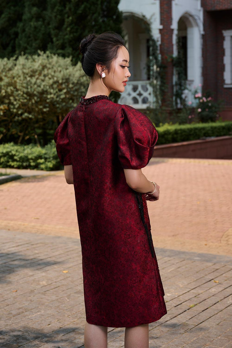 Risa Trapezoid Puffy Sleeved Jacquard Below The Knee Dress Knee Length Dress CHANCOS