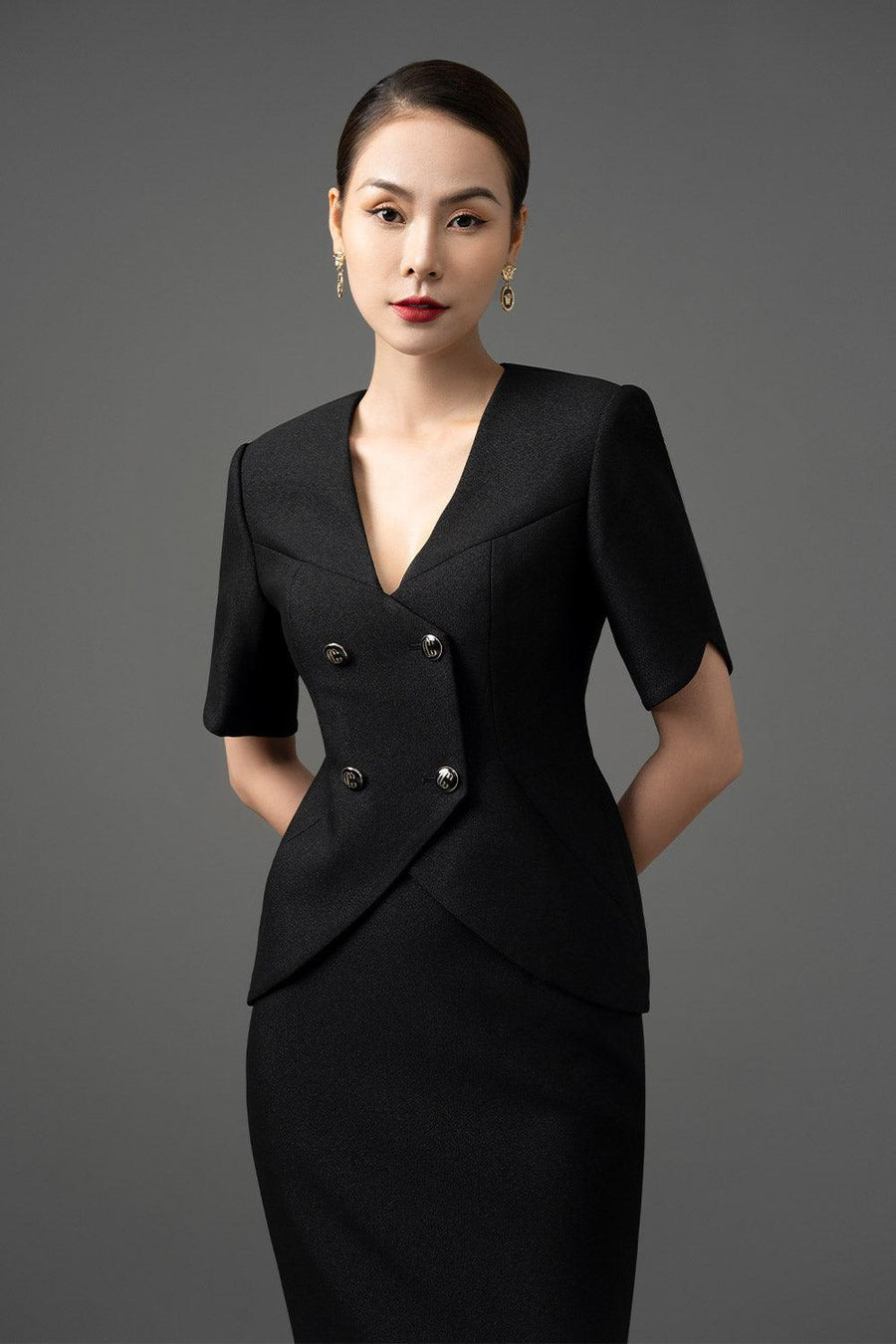 Lenora Pencil Middle Sleeved Gabardine Midi Set Set CHANCOS