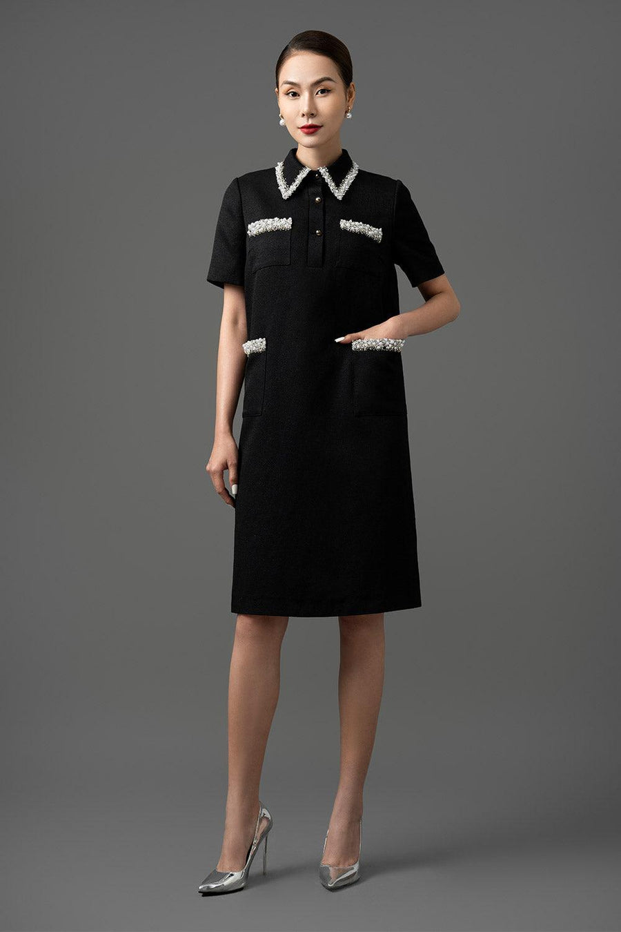 Edora Trapezoid Collared Neck Gabardine Below The Knee Dress Knee Length Dress CHANCOS