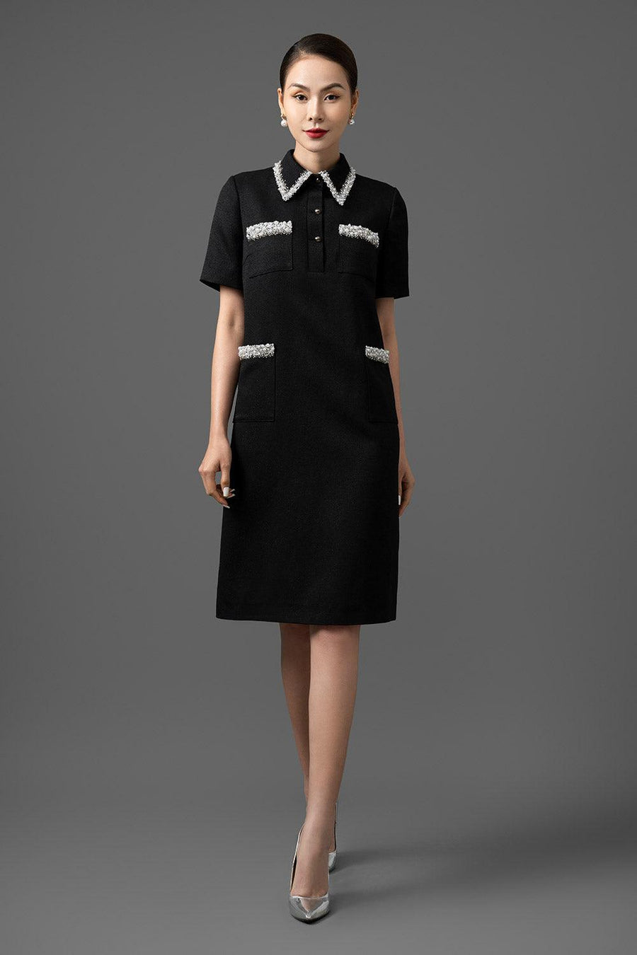 Edora Trapezoid Collared Neck Gabardine Below The Knee Dress Knee Length Dress CHANCOS