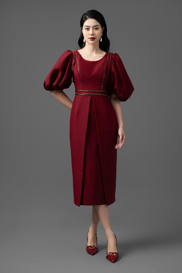 Crystal Sheath Puffy Sleeved Gabardine Midi Dress