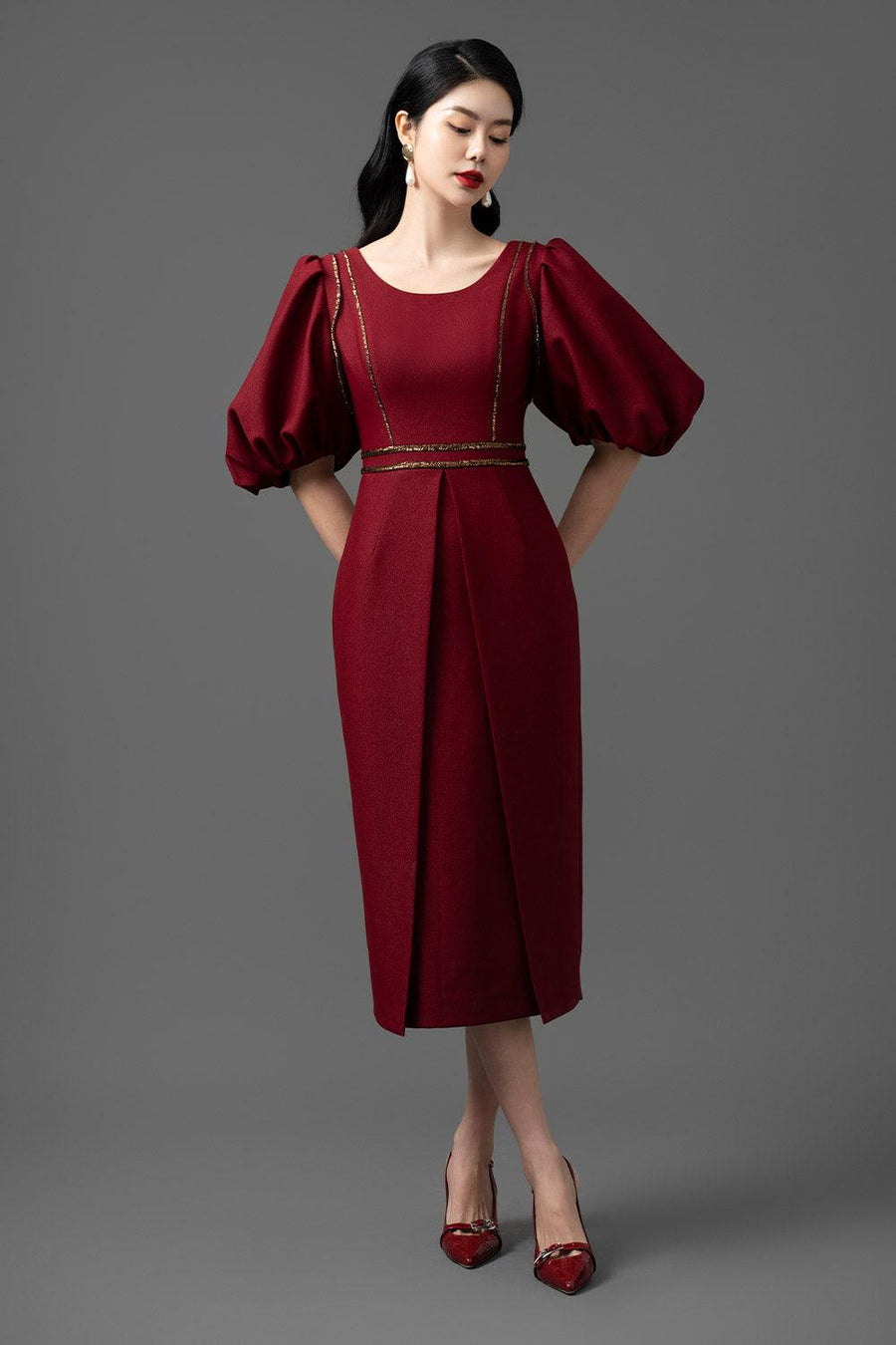 Crystal Sheath Puffy Sleeved Gabardine Midi Dress Red Midi Dress CHANCOS