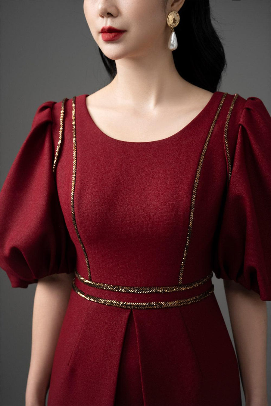 Crystal Sheath Puffy Sleeved Gabardine Midi Dress Midi Dress CHANCOS
