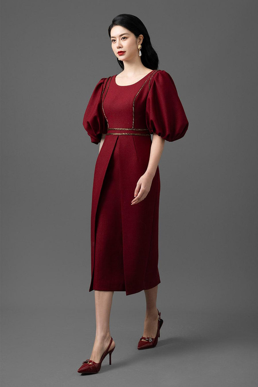 Crystal Sheath Puffy Sleeved Gabardine Midi Dress Midi Dress CHANCOS