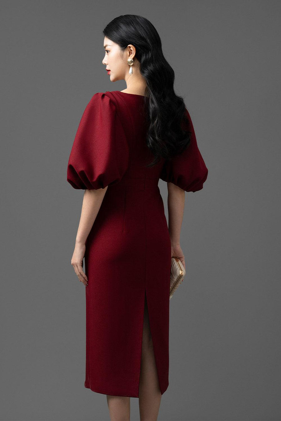 Crystal Sheath Puffy Sleeved Gabardine Midi Dress Midi Dress CHANCOS