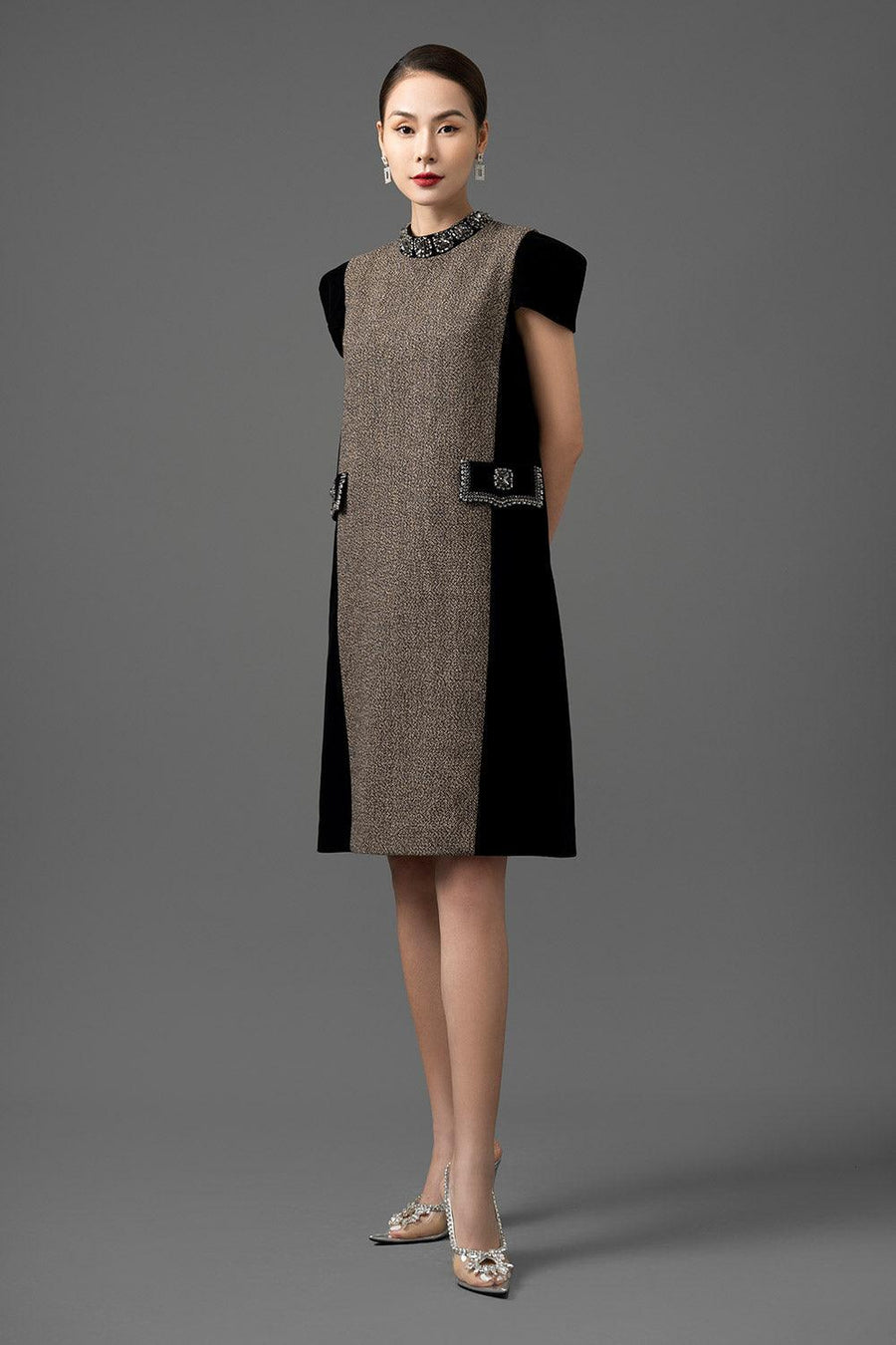 Terina Trapezoid Mock Neck Velvet Tweed Above The Knee Dress Knee Length Dress CHANCOS