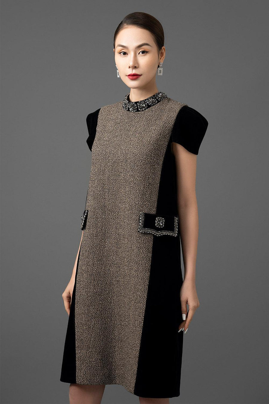Terina Trapezoid Mock Neck Velvet Tweed Above The Knee Dress Knee Length Dress CHANCOS