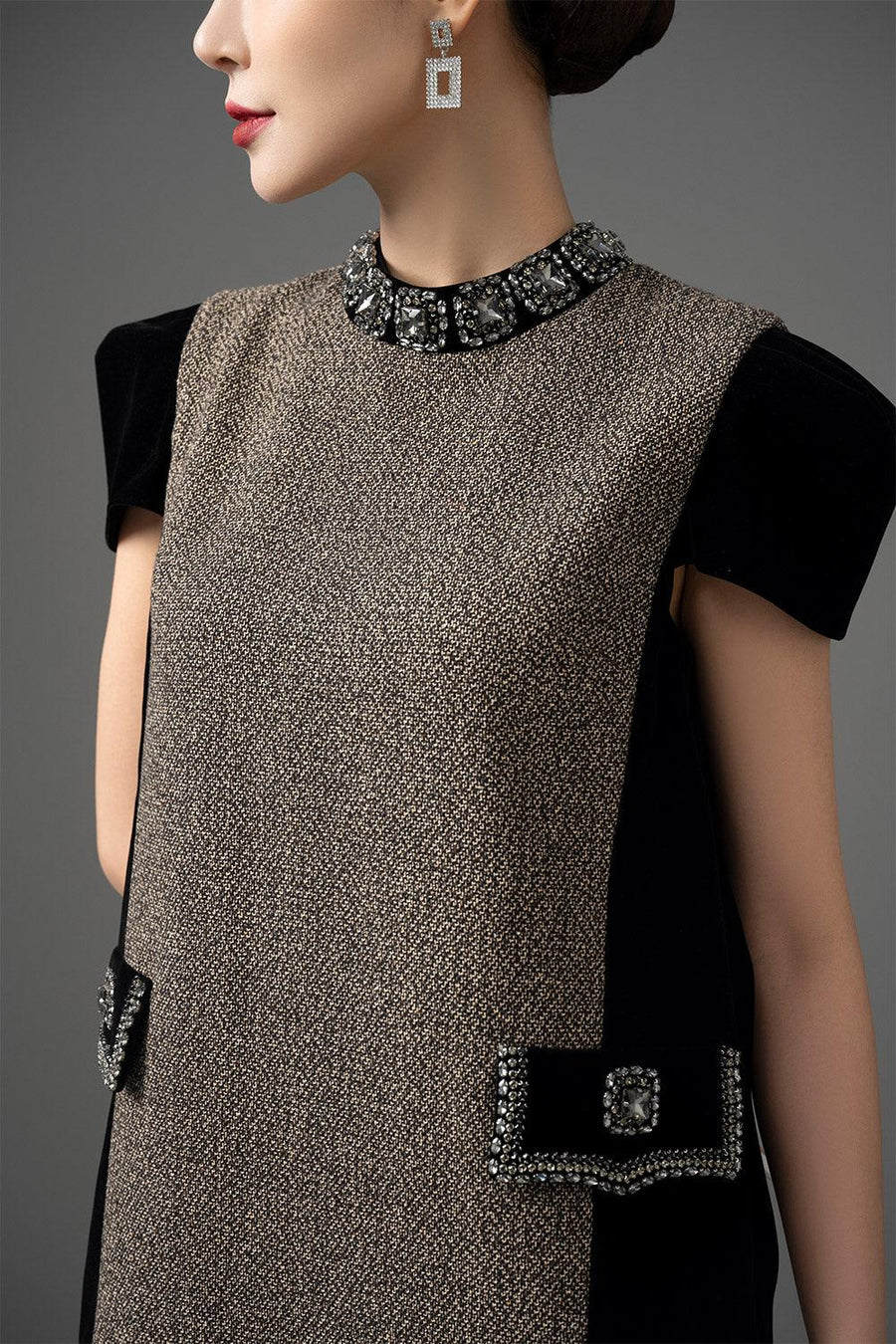 Terina Trapezoid Mock Neck Velvet Tweed Above The Knee Dress Knee Length Dress CHANCOS