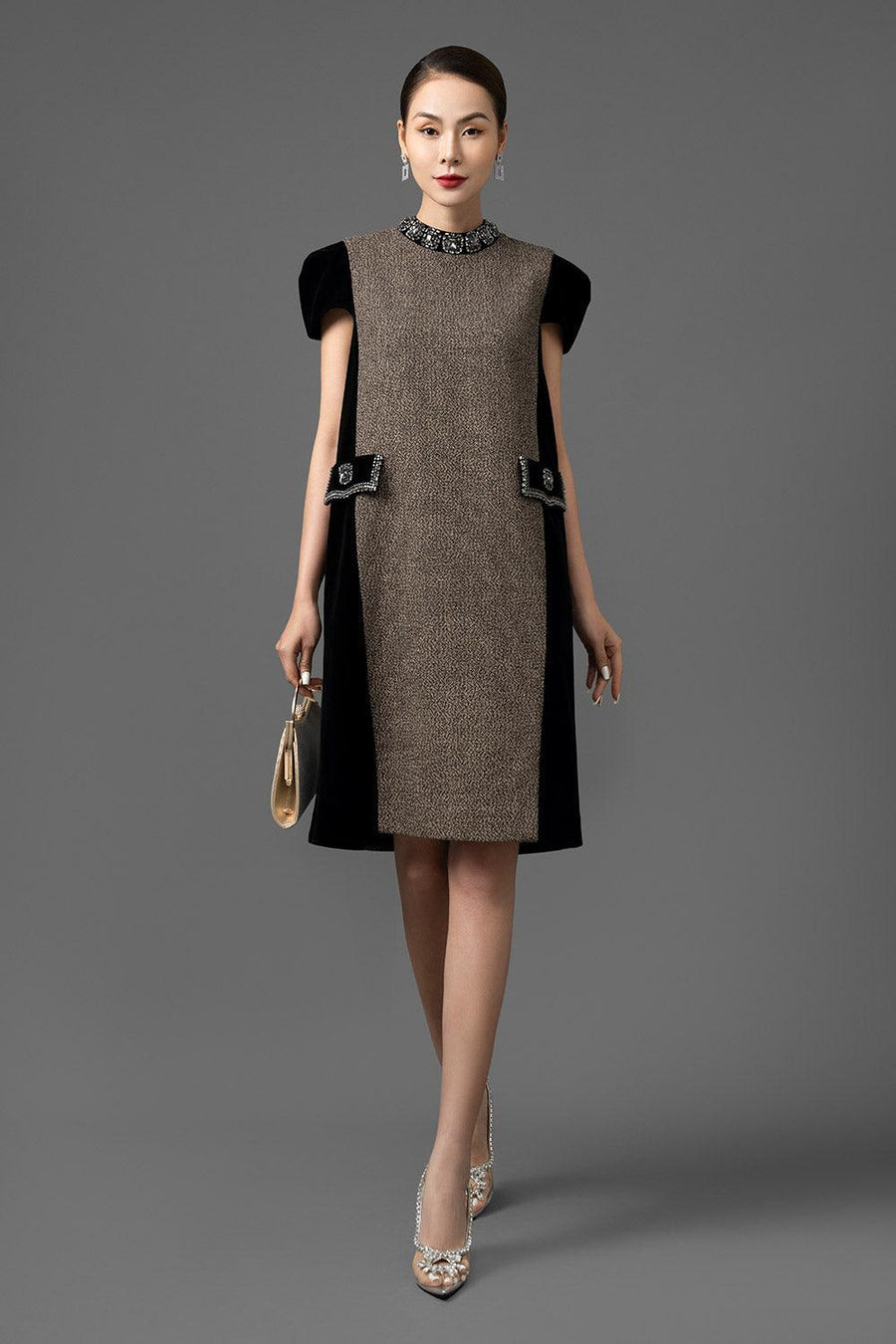 Terina Trapezoid Mock Neck Velvet Tweed Above The Knee Dress Knee Length Dress CHANCOS