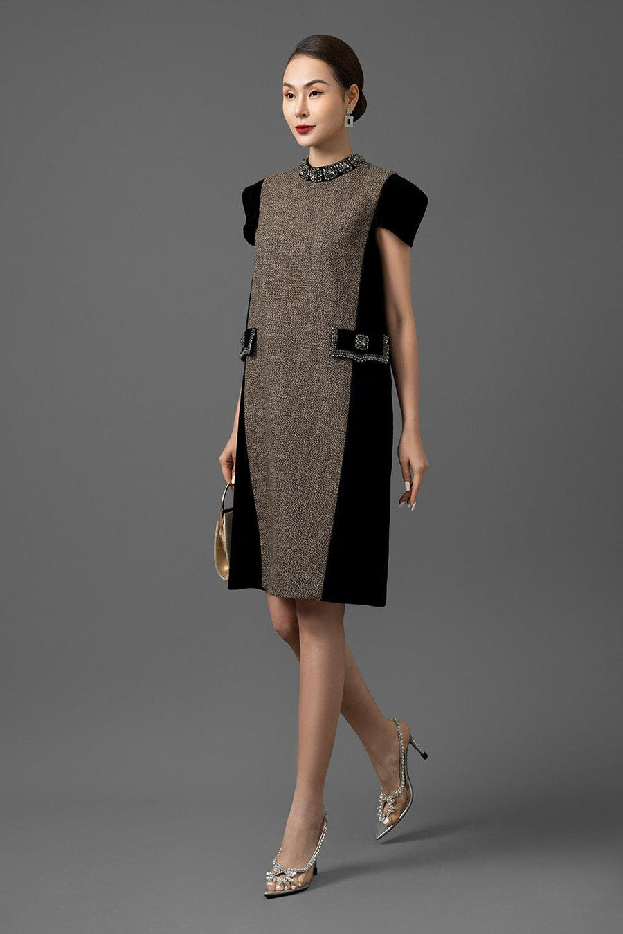 Terina Trapezoid Mock Neck Velvet Tweed Above The Knee Dress Knee Length Dress CHANCOS