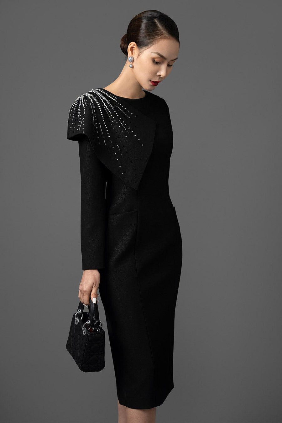 Keisha Sheath Long Sleeved Gabardine Midi Dress Black Midi Dress CHANCOS