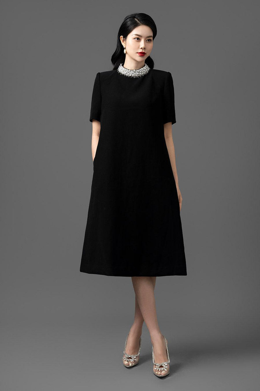 Silvia Trapezoid High Neck Gabardine Midi Dress Midi Dress CHANCOS