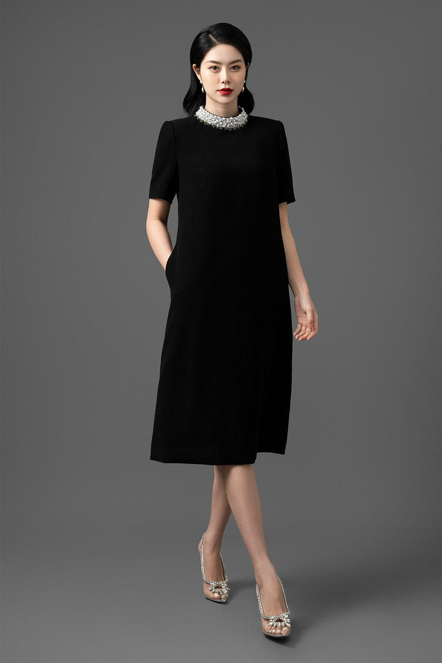 Silvia Trapezoid High Neck Gabardine Midi Dress Midi Dress CHANCOS