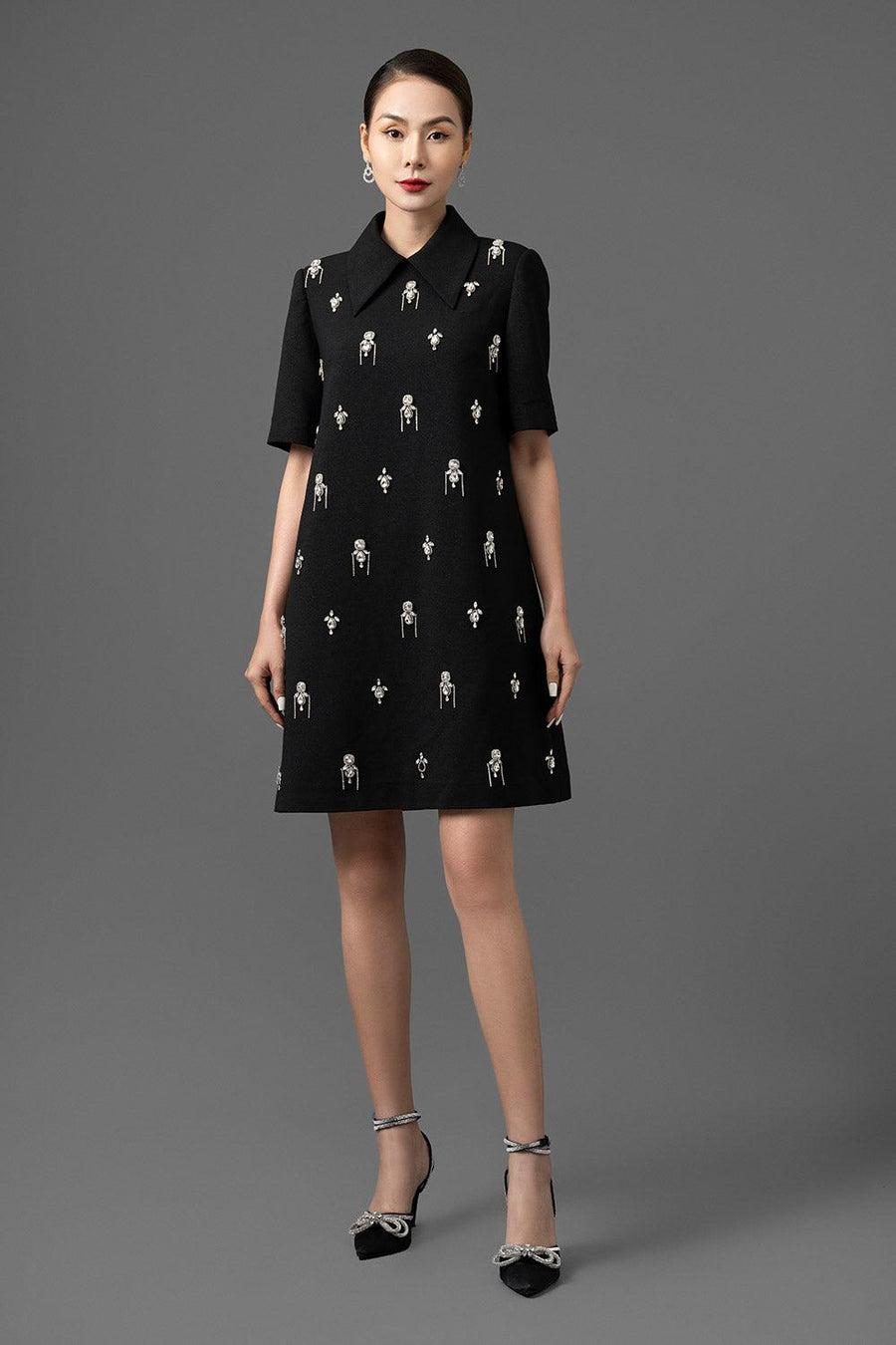 Maya Trapezoid Middle Sleeved Gabardine Above The Knee Dress Knee Length Dress CHANCOS