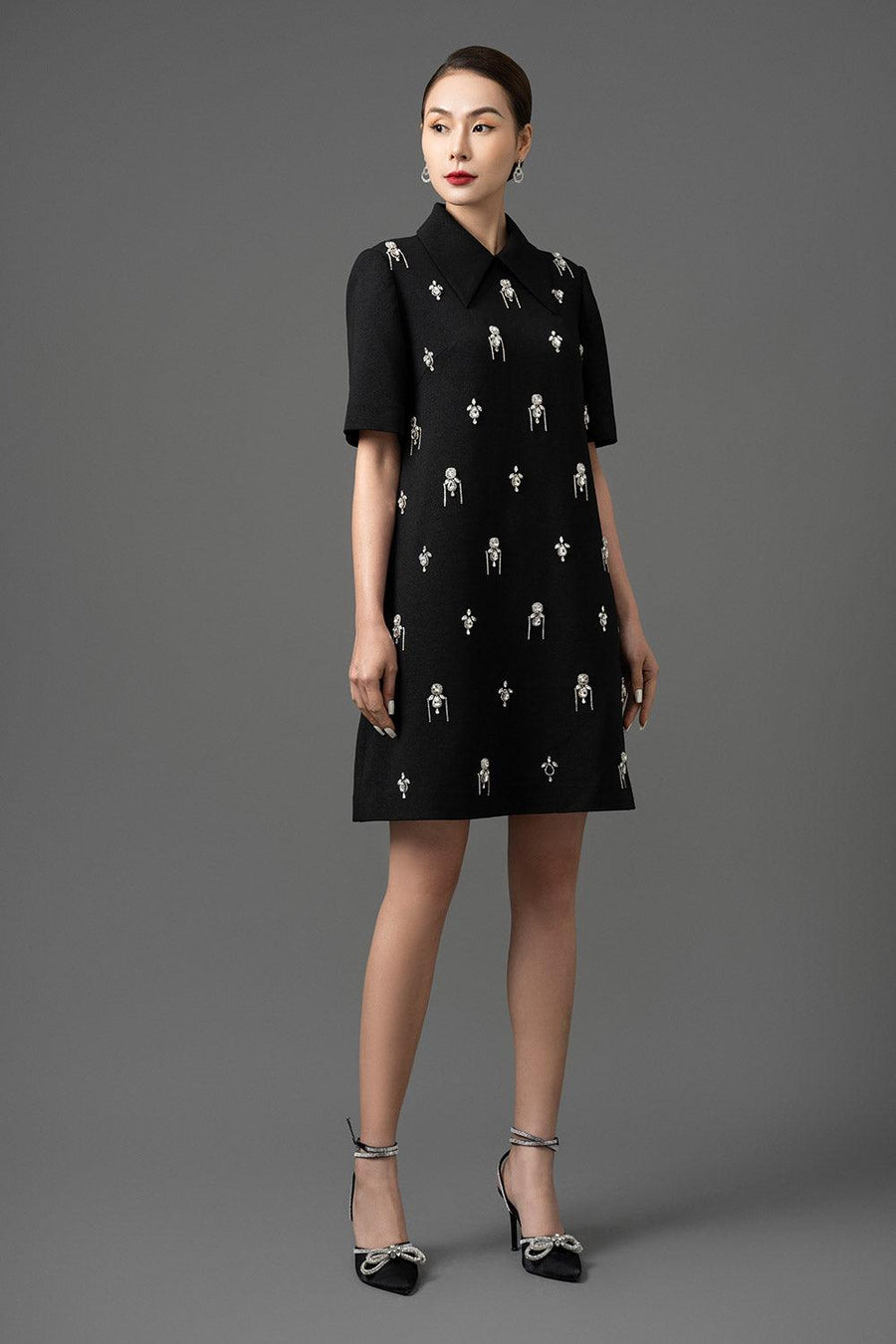 Maya Trapezoid Middle Sleeved Gabardine Above The Knee Dress Knee Length Dress CHANCOS
