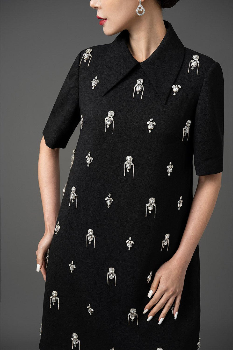 Maya Trapezoid Middle Sleeved Gabardine Above The Knee Dress Knee Length Dress CHANCOS