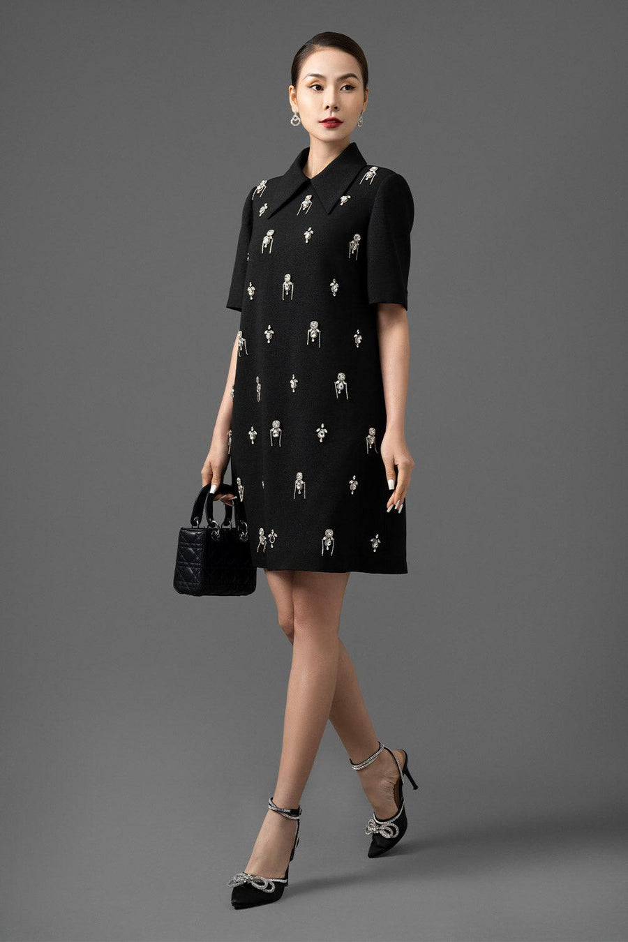 Maya Trapezoid Middle Sleeved Gabardine Above The Knee Dress Knee Length Dress CHANCOS