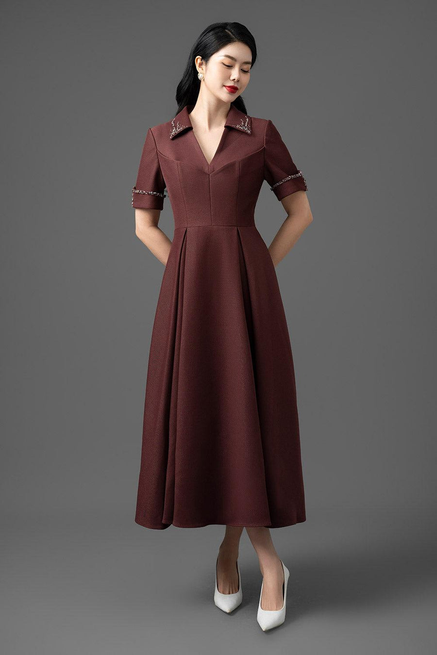 Klara A-line Short Sleeved Gabardine Midi Dress Midi Dress CHANCOS