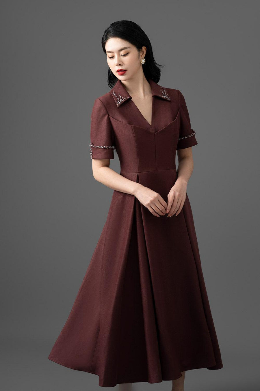 Klara A-line Short Sleeved Gabardine Midi Dress Midi Dress CHANCOS
