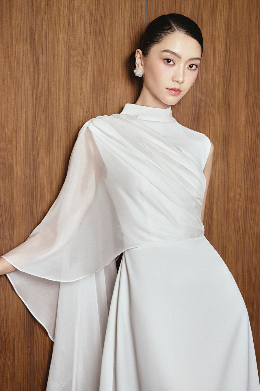 Odette A-line Asymmetric Sleeved Twill Midi Dress Midi Dress Larmes