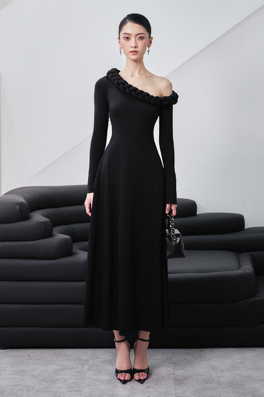 Gwen A-line Asymmetric Shoulder Cotton Spandex Midi Dress Midi Dress Larmes