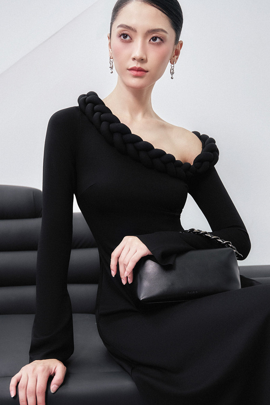 Gwen A-line Asymmetric Shoulder Cotton Spandex Midi Dress Midi Dress Larmes