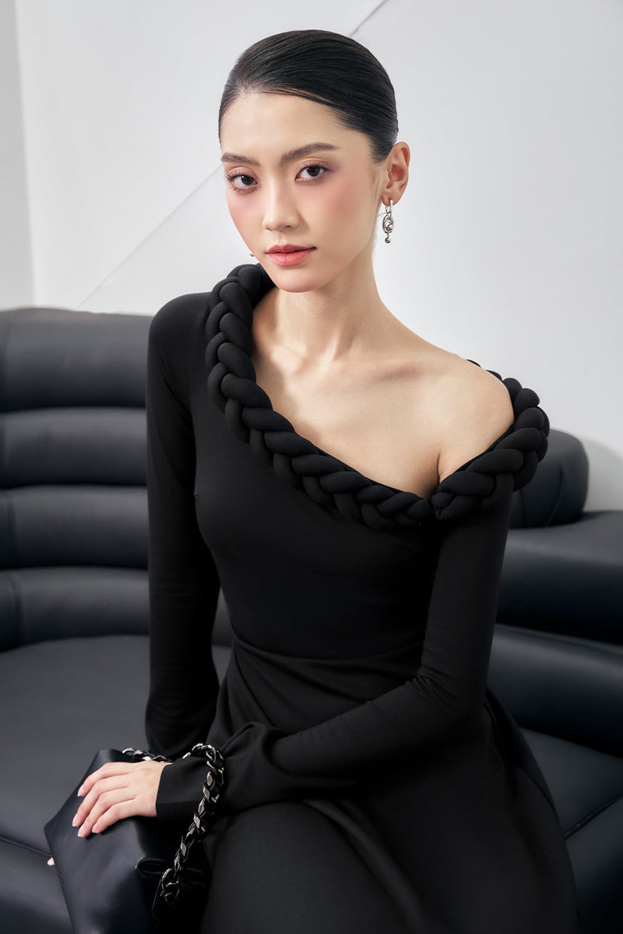 Gwen A-line Asymmetric Shoulder Cotton Spandex Midi Dress Midi Dress Larmes