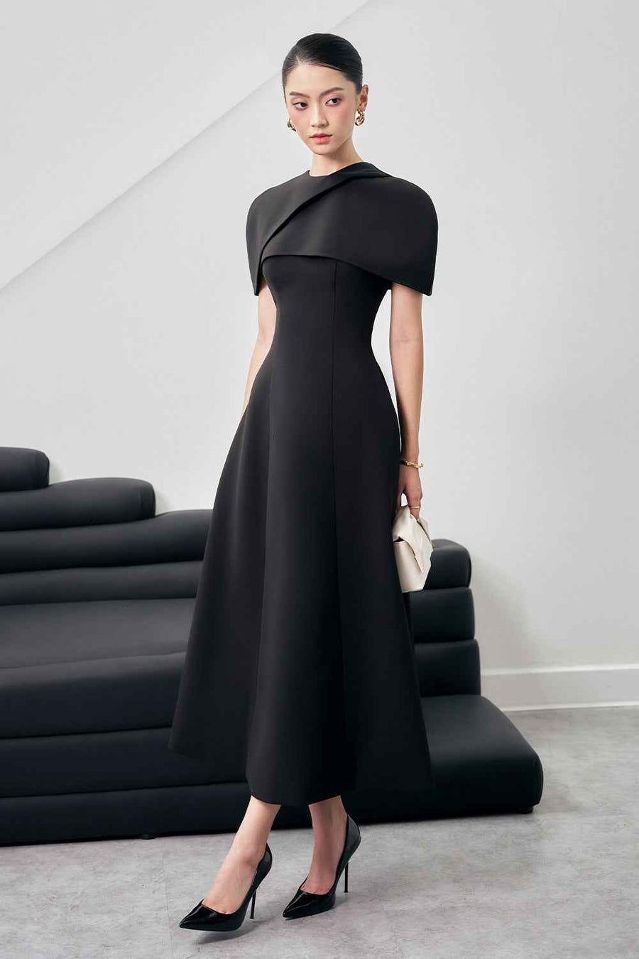 Edith A-line Cape Shoulder Wool Blend Midi Dress