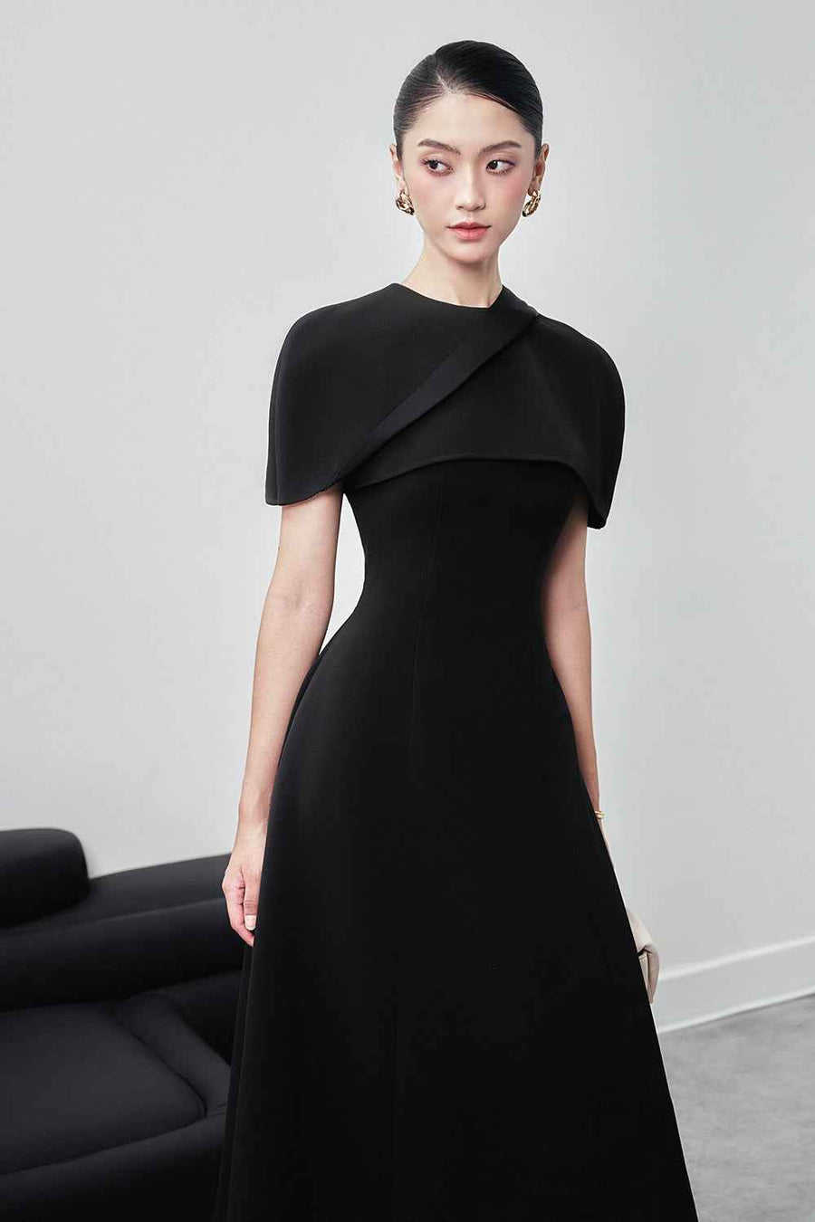 Edith A-line Cape Shoulder Wool Blend Midi Dress