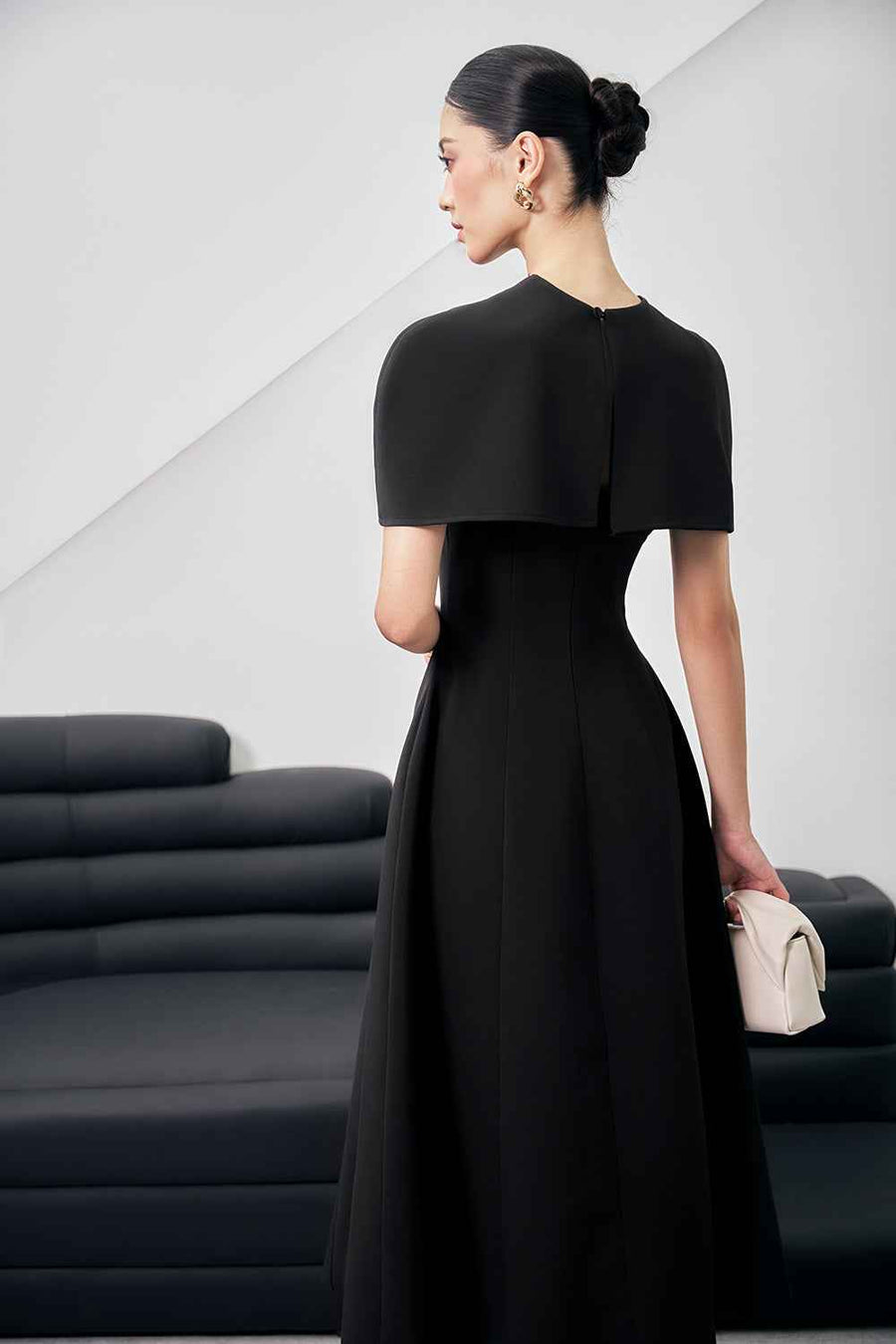 Edith A-line Cape Shoulder Wool Blend Midi Dress
