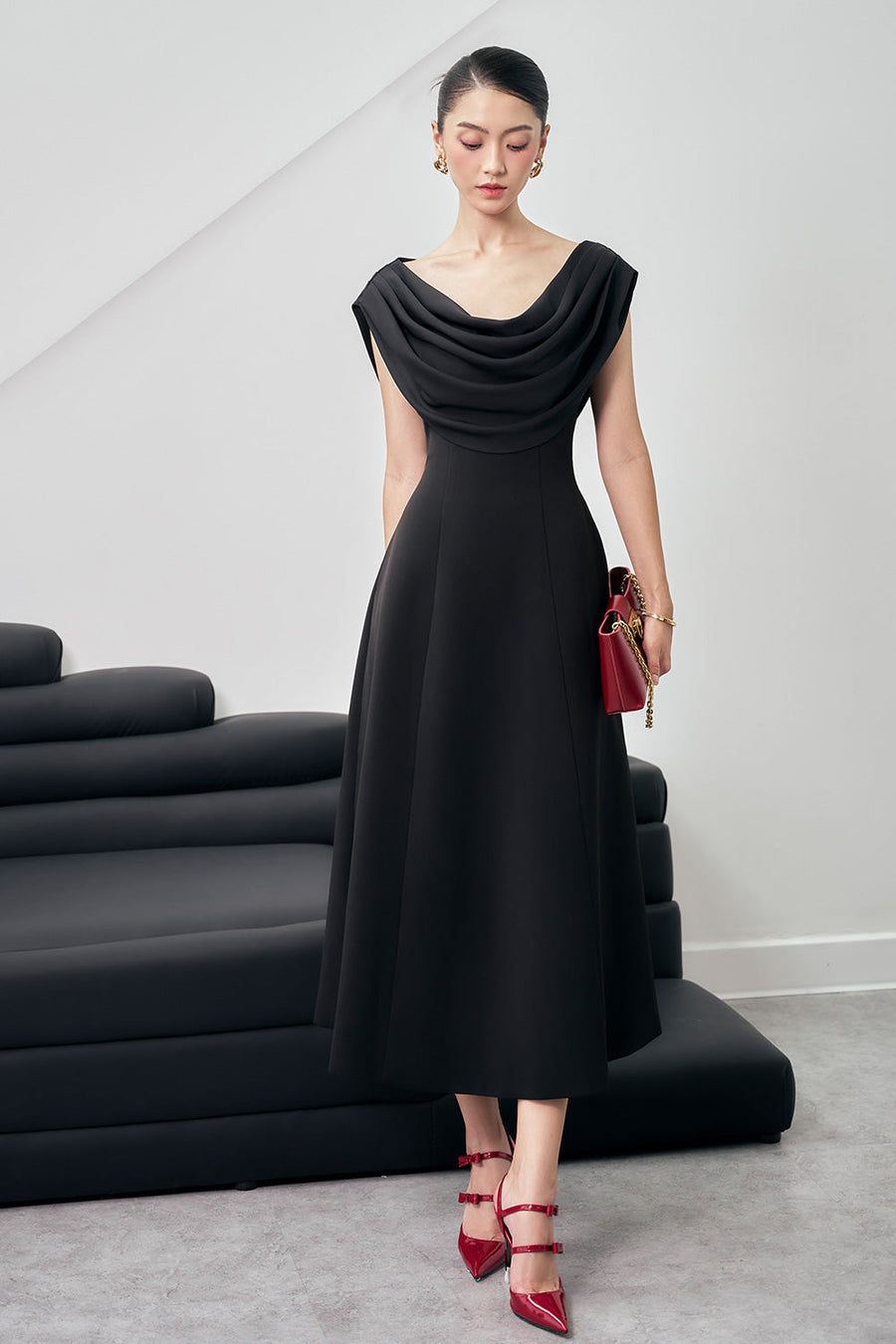 Giovanna A-line Cowl Neck Wool Blend Midi Dress Midi Dress Larmes