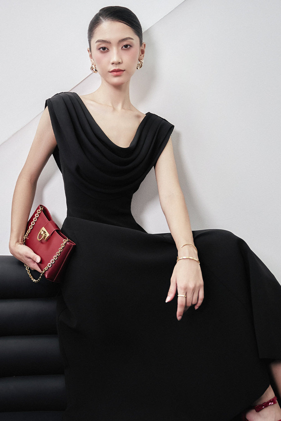Giovanna A-line Cowl Neck Wool Blend Midi Dress Midi Dress Larmes