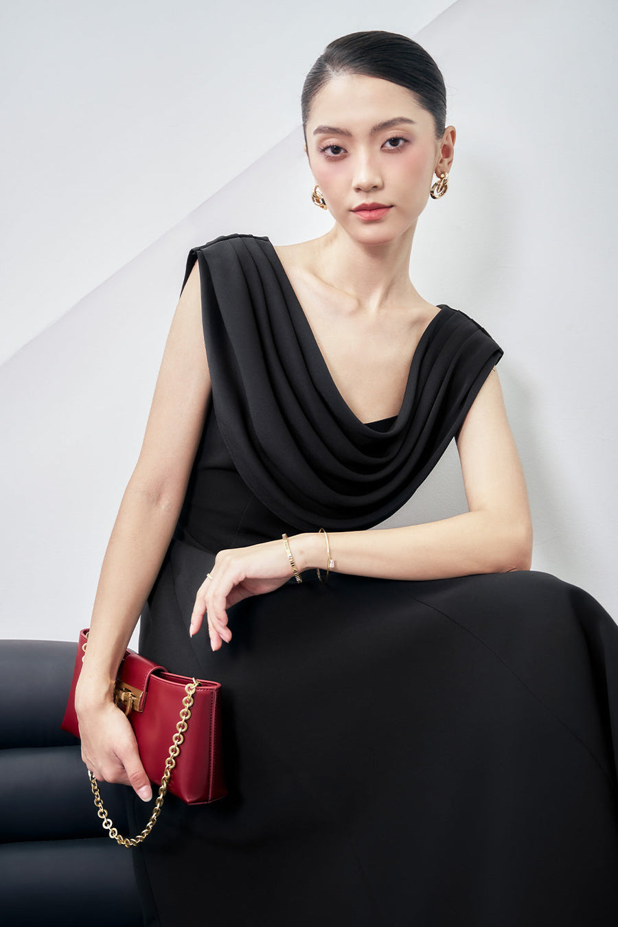 Giovanna A-line Cowl Neck Wool Blend Midi Dress Midi Dress Larmes