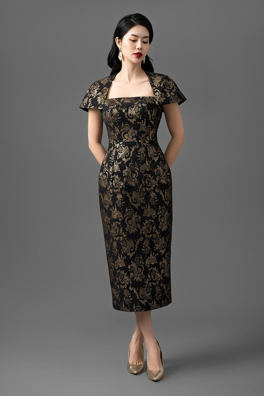 Anastasia Pegged Queen Anne Neck Brocade Midi Dress Midi Dress CHANCOS