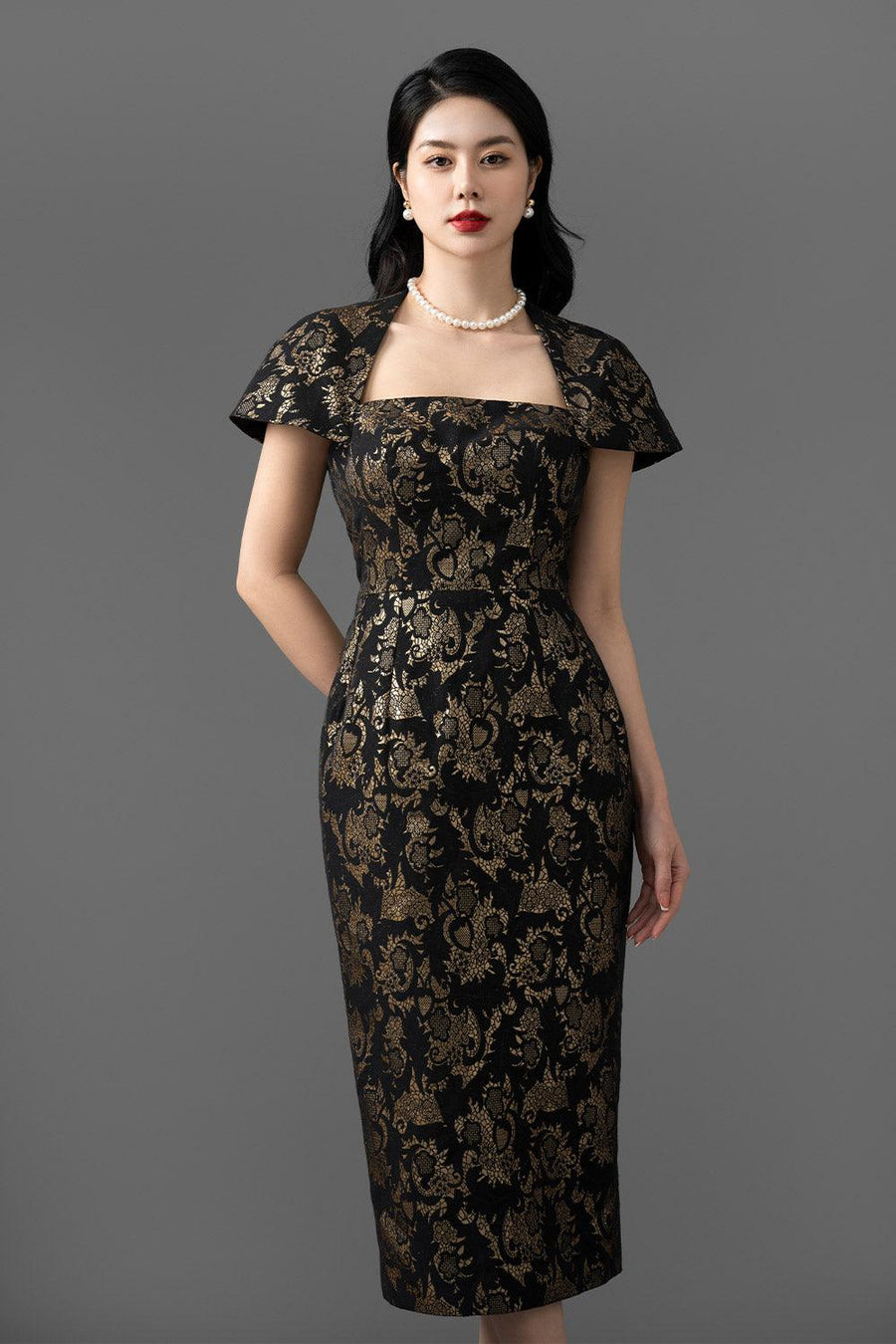Anastasia Pegged Queen Anne Neck Brocade Midi Dress Black Gold Midi Dress CHANCOS