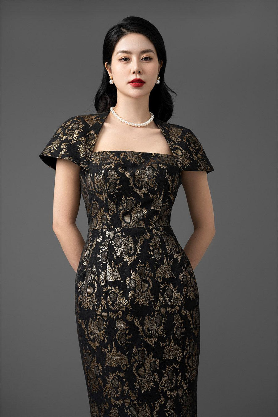 Anastasia Pegged Queen Anne Neck Brocade Midi Dress Midi Dress CHANCOS