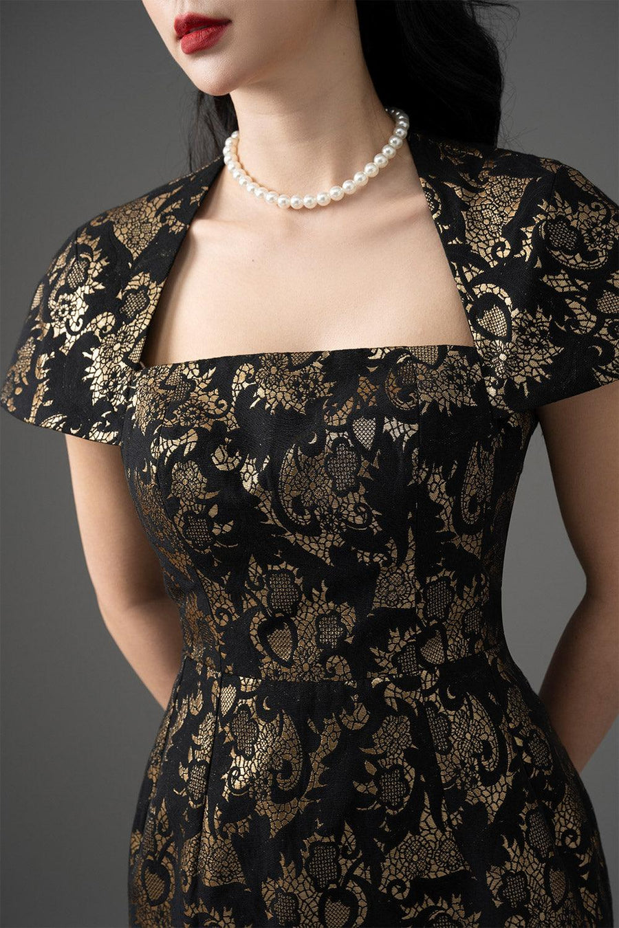 Anastasia Pegged Queen Anne Neck Brocade Midi Dress Midi Dress CHANCOS