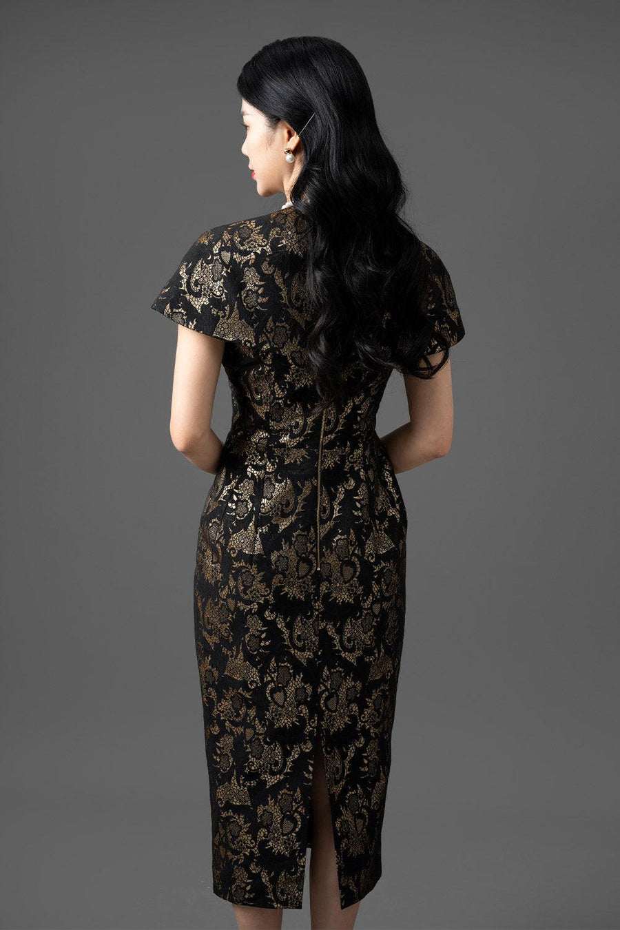Anastasia Pegged Queen Anne Neck Brocade Midi Dress Midi Dress CHANCOS