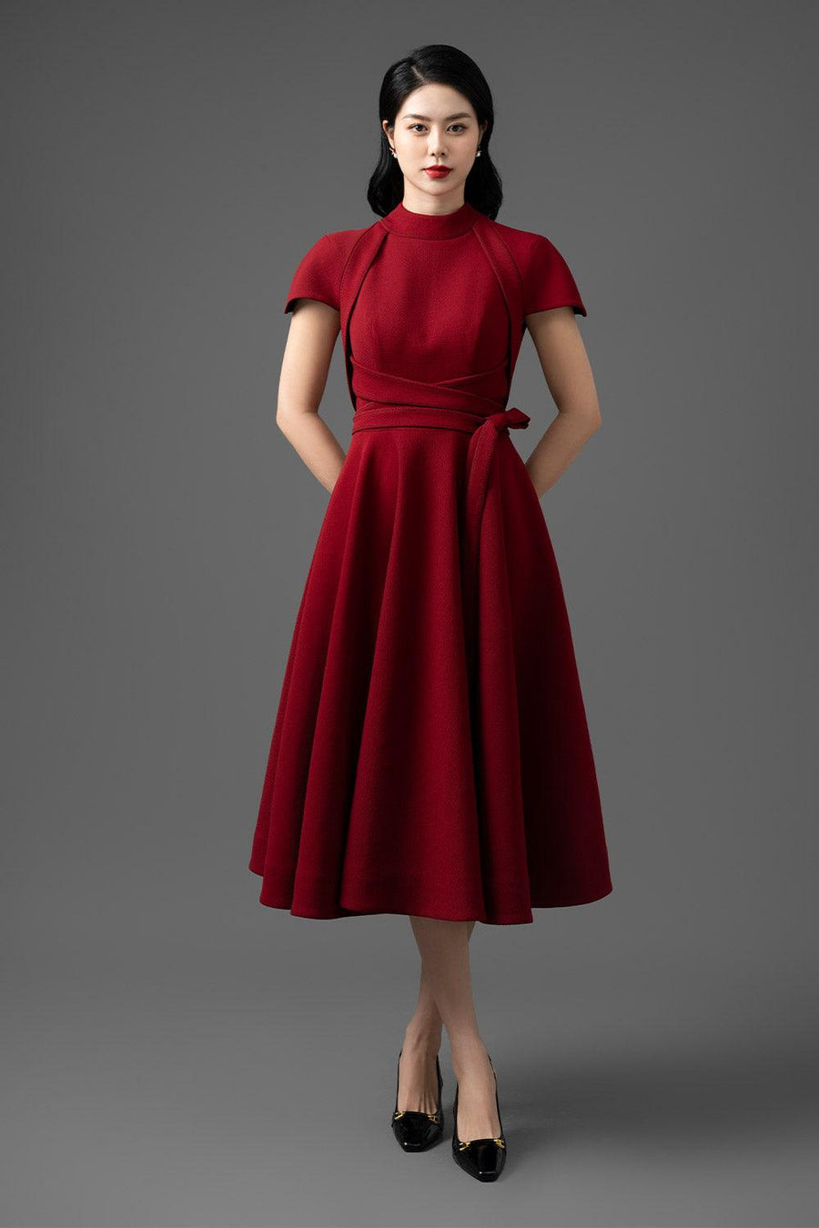 Alma Fit and Flare Draped Woven Cotton Midi Dress Midi Dress CHANCOS