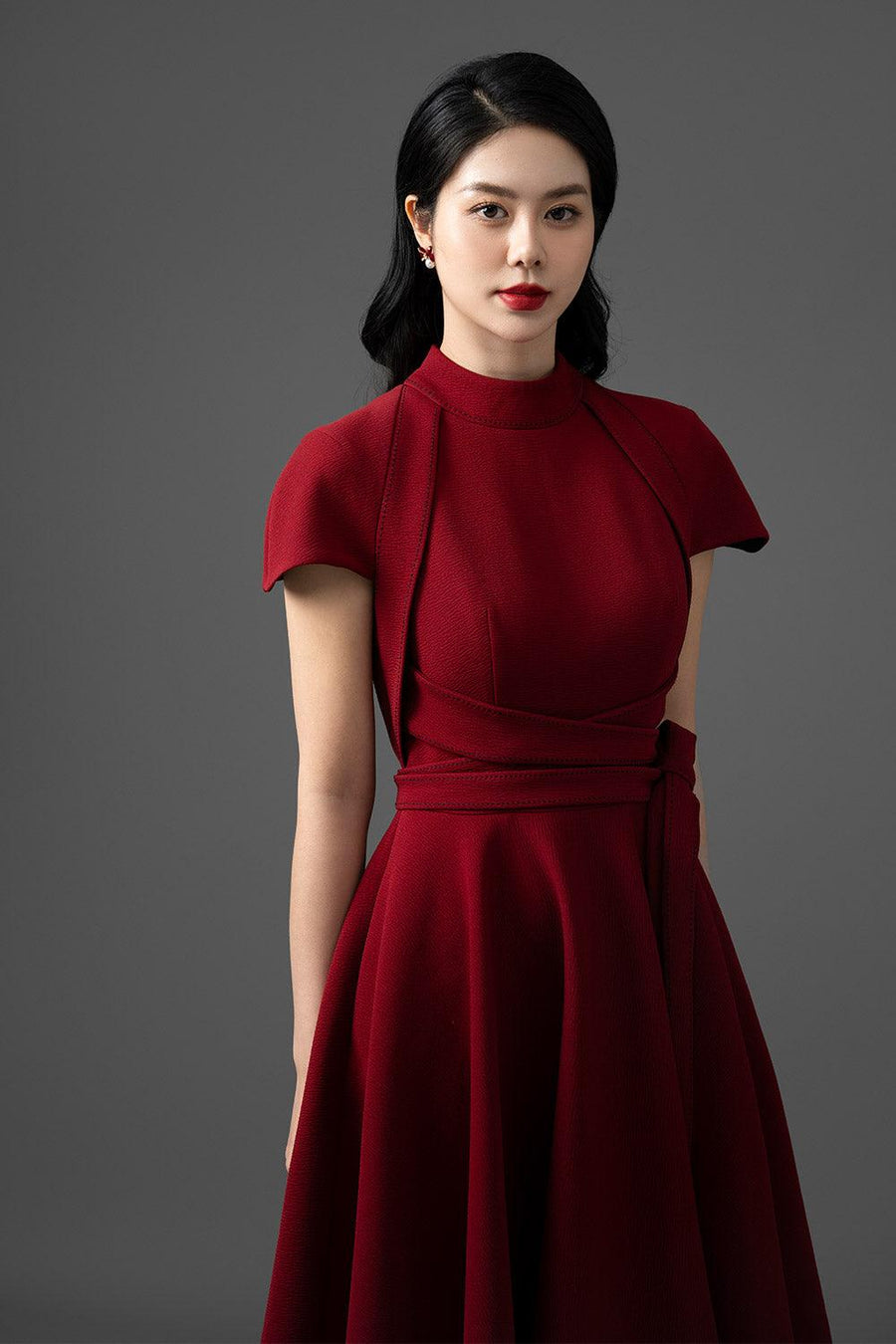 Alma Fit and Flare Draped Woven Cotton Midi Dress Midi Dress CHANCOS