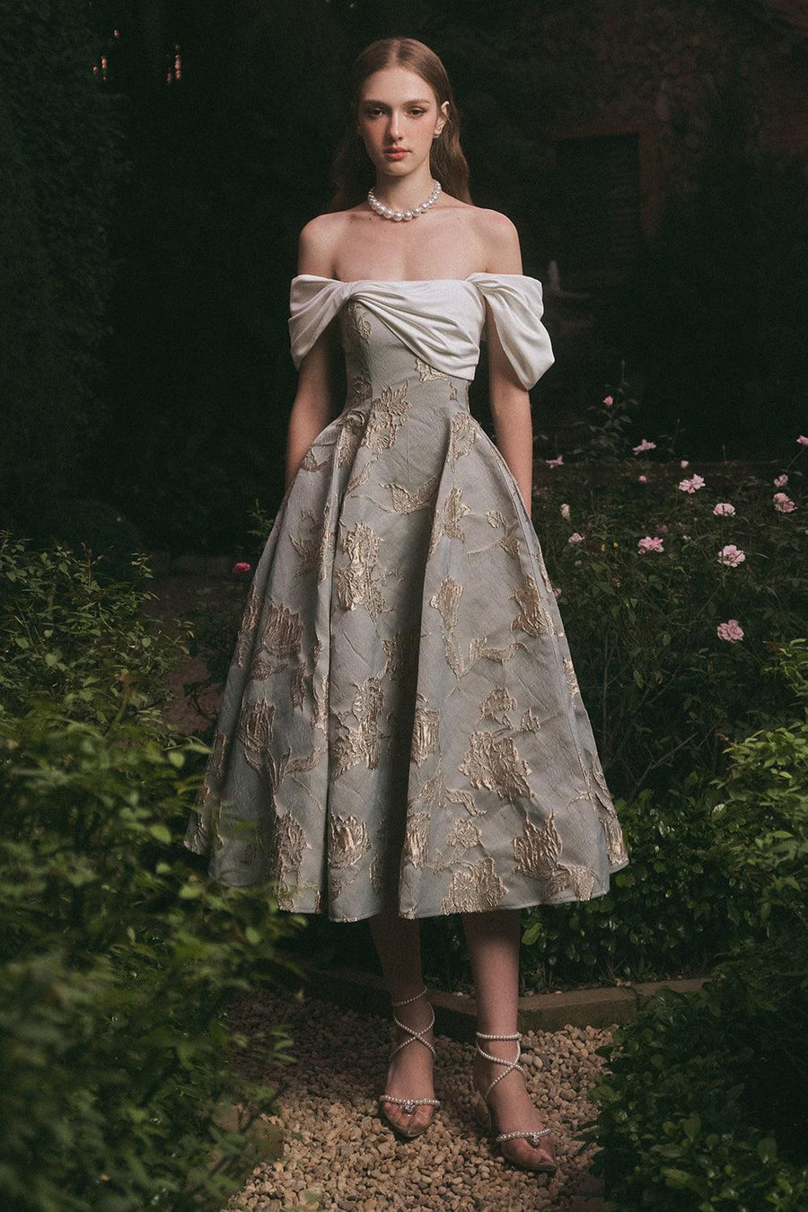 Bertha Fit and Flare Off-Shoulder Brocade Midi Dress Midi Dress LINH PHUNG