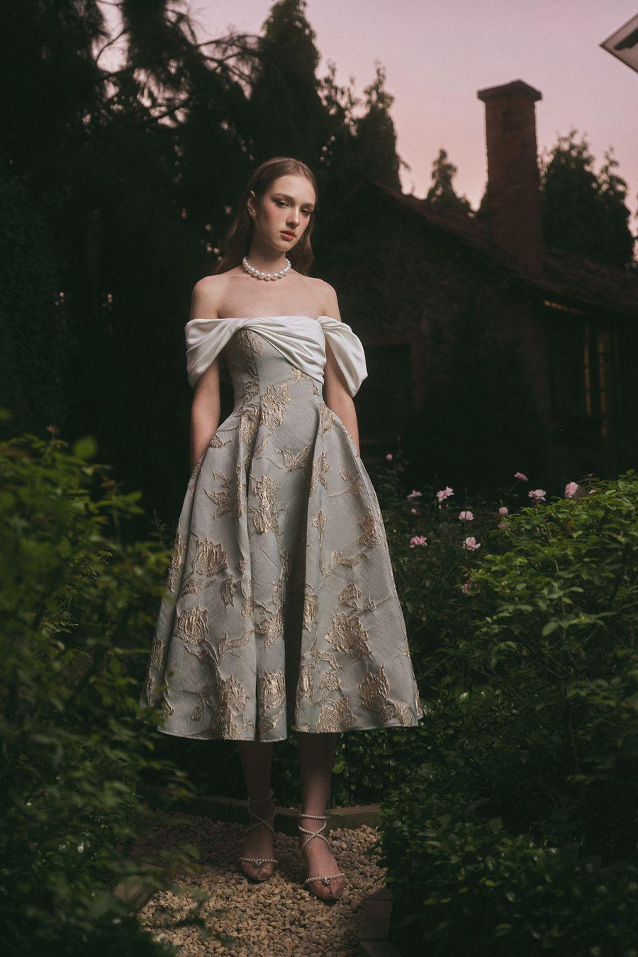 Bertha Fit and Flare Off-Shoulder Brocade Midi Dress Midi Dress LINH PHUNG