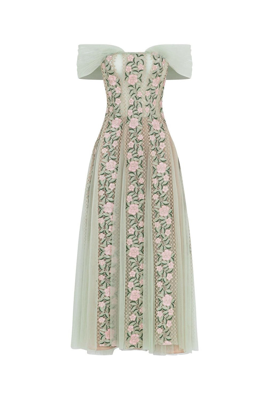 Beverly Gored Off-Shoulder Mesh Lace Calf Length Dress Midi Dress LINH PHUNG