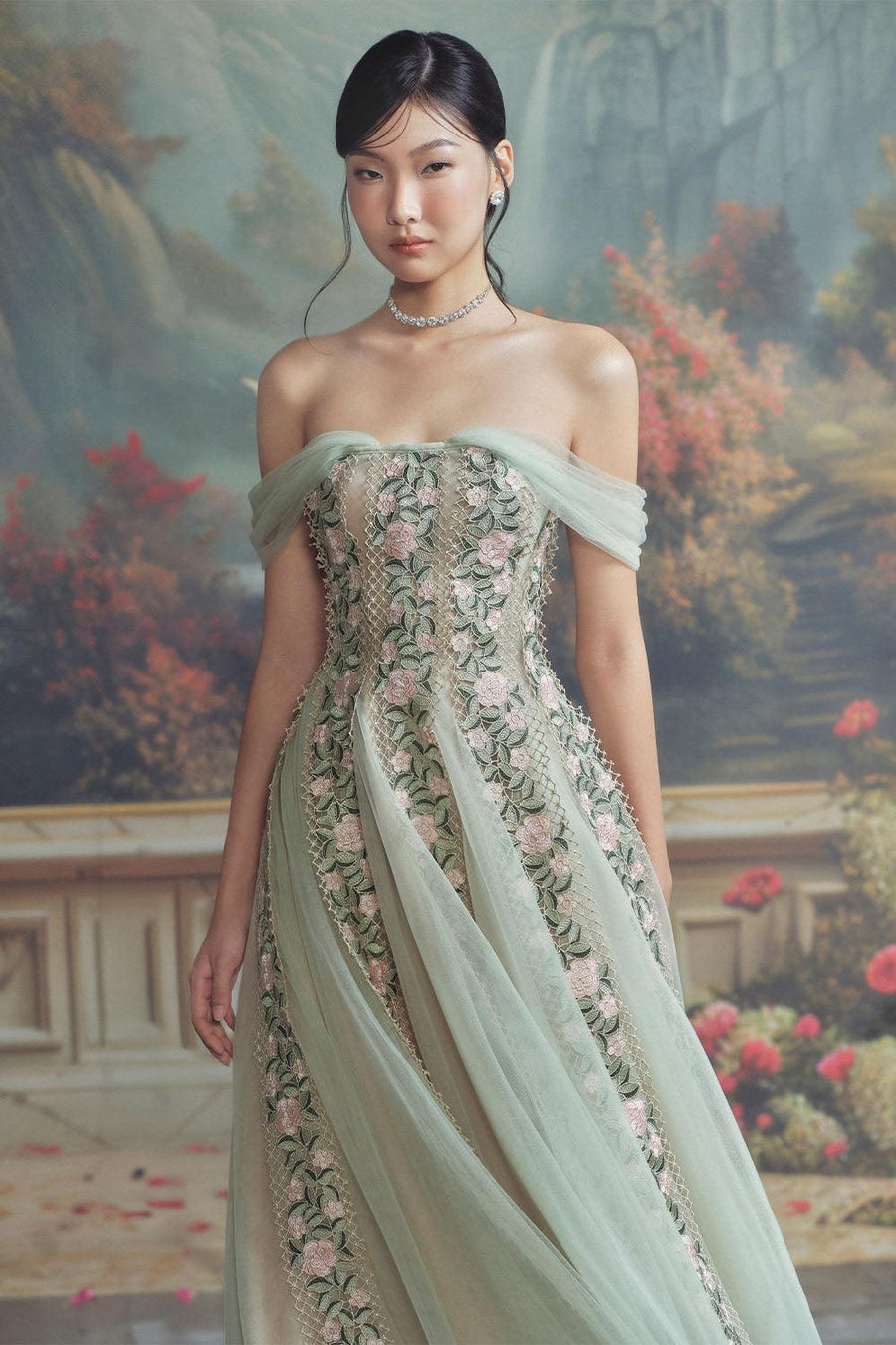 Beverly Gored Off-Shoulder Mesh Lace Calf Length Dress Midi Dress LINH PHUNG